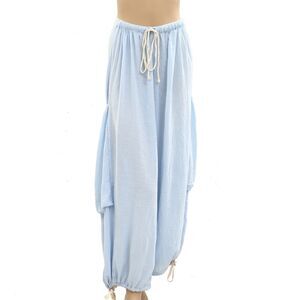 Free People Wide Leg Mid-Rise Pants Billowy Pull-on Cotton Blue L New 285396